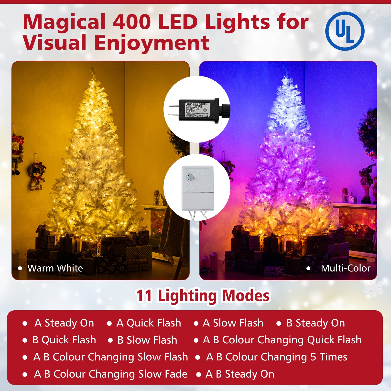 7 Feet Artificial Christmas Tree Hinged Pre-Lit Xmas Tree with 11 Lighting Modes, White Christmas Tree at Gallery Canada