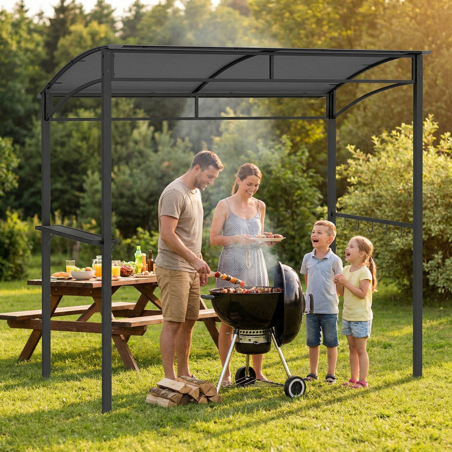 7 Ft Grill Gazebo, with Serving Shelf & Hooks, Gray Gazebos at Gallery Canada