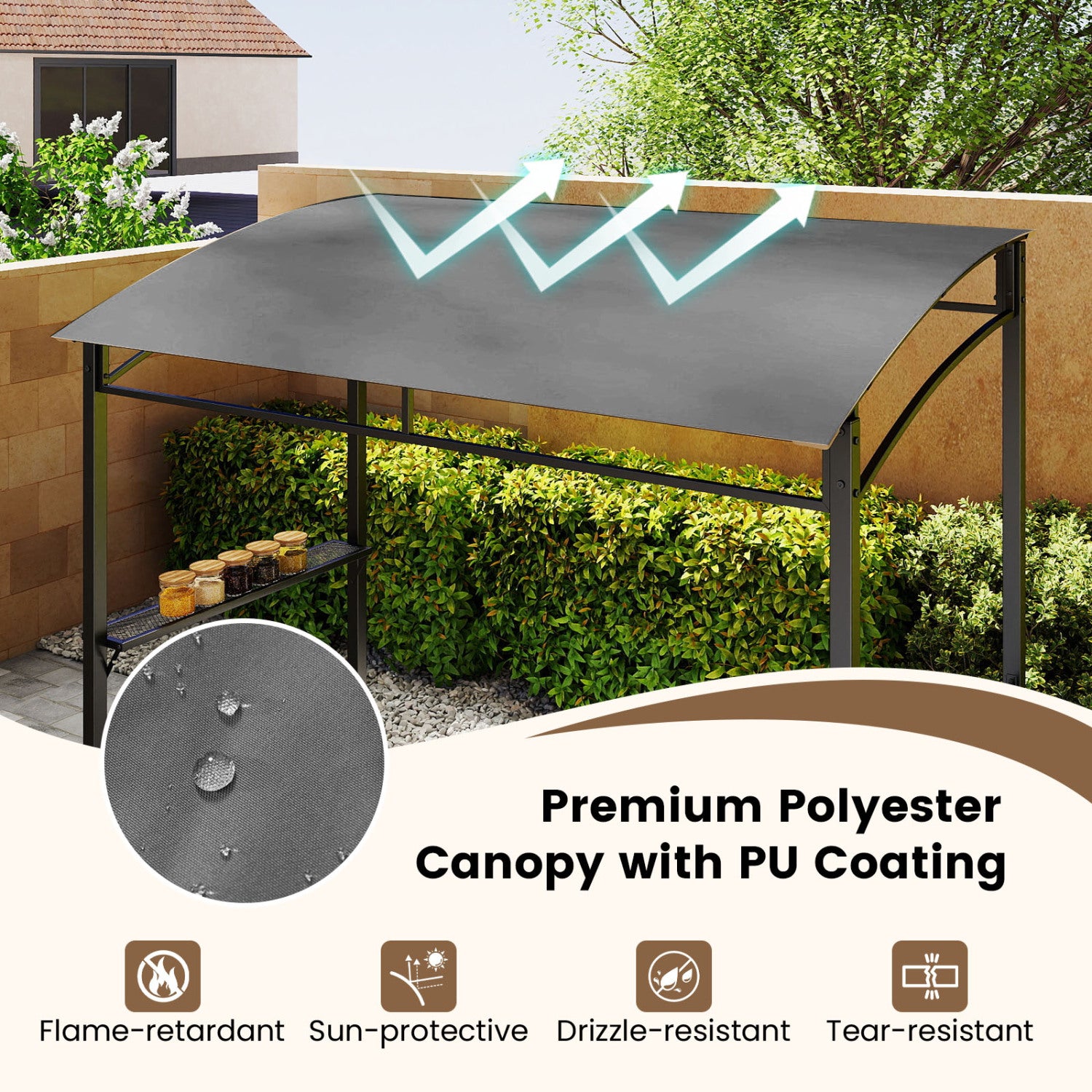 7 Ft Grill Gazebo, with Serving Shelf & Hooks, Gray Gazebos at Gallery Canada