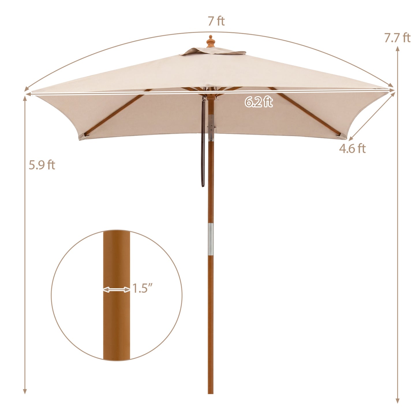 7 Ft Outdoor Rectangular Patio Umbrella, 3 Heights, Beige