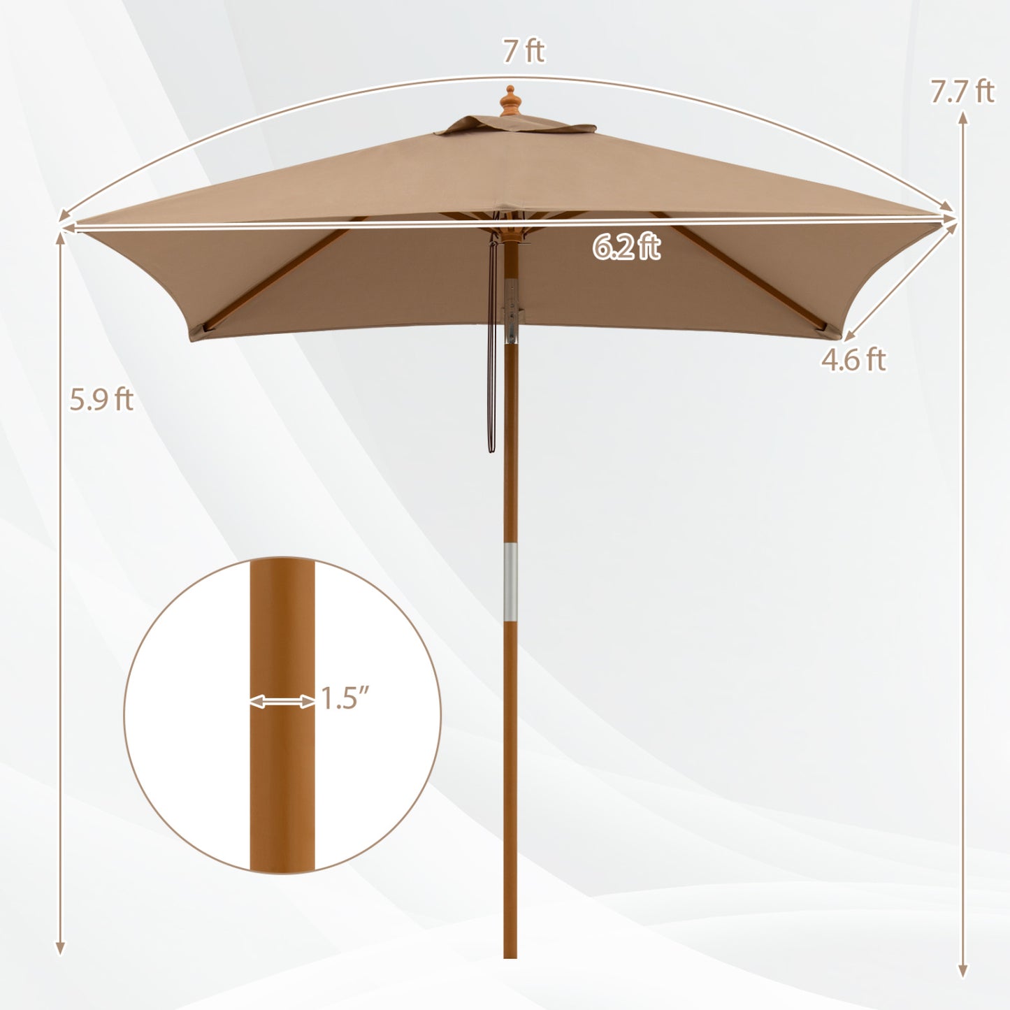 7 Ft Outdoor Rectangular Patio Umbrella, 3 Heights, Coffee