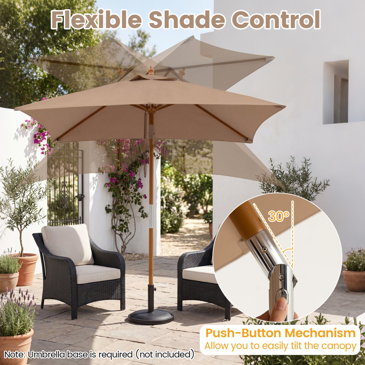 7 Ft Outdoor Rectangular Patio Umbrella, 3 Heights, Coffee