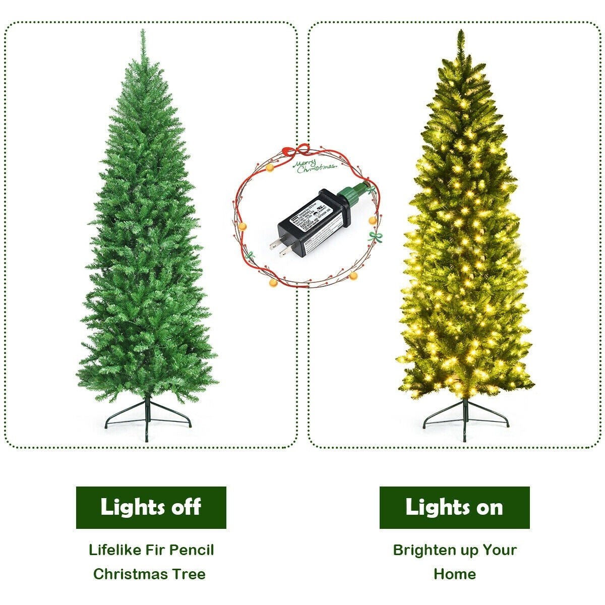 Sapin de Noël artificiel en forme de crayon pré-éclairé de 7 pieds, 150 lumières, vert