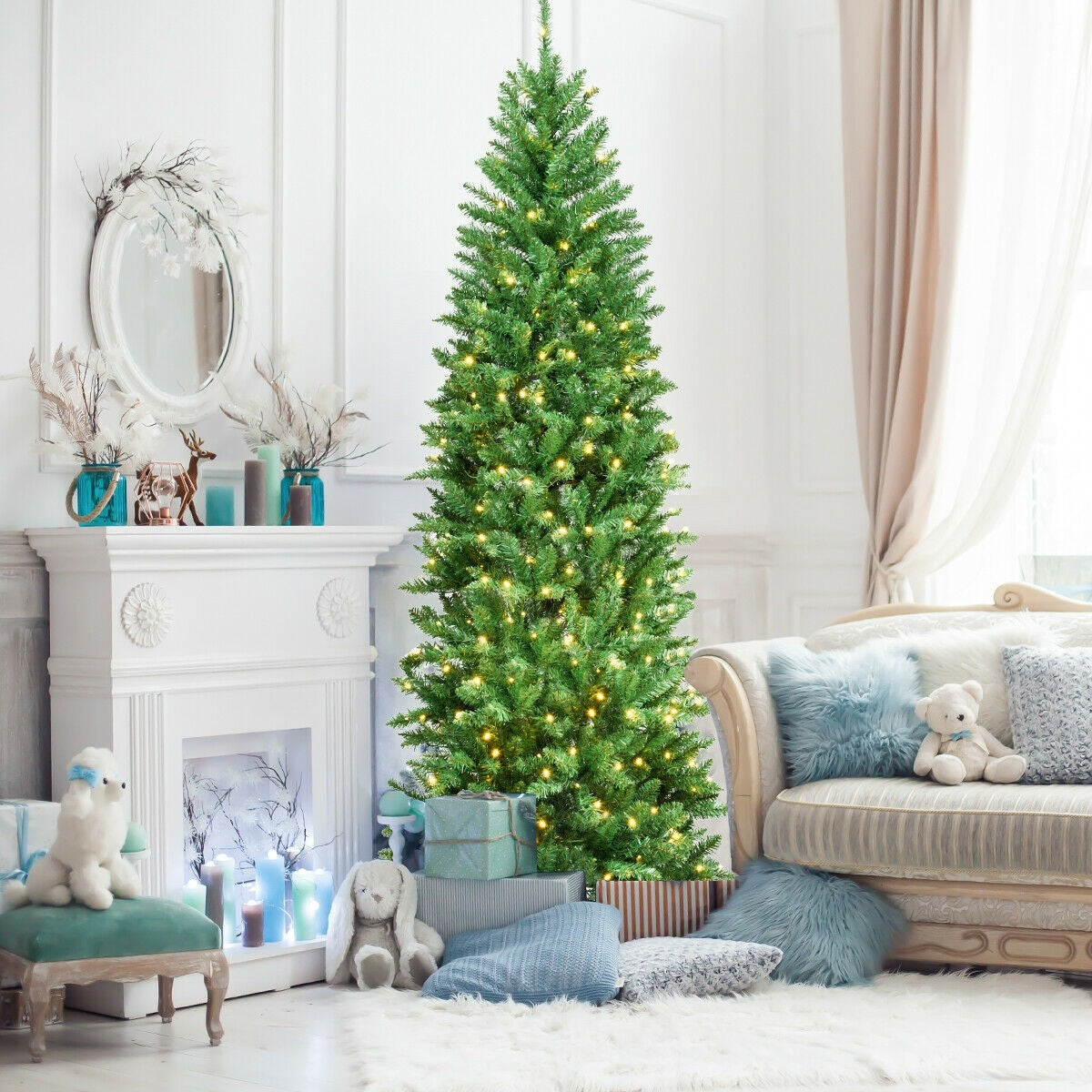 Sapin de Noël artificiel en forme de crayon pré-éclairé de 7 pieds, 150 lumières, vert
