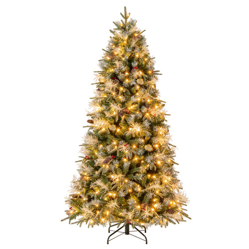 7 Feet Pre-Lit Artificial Christmas Tree, LED Lights With Berries, Green