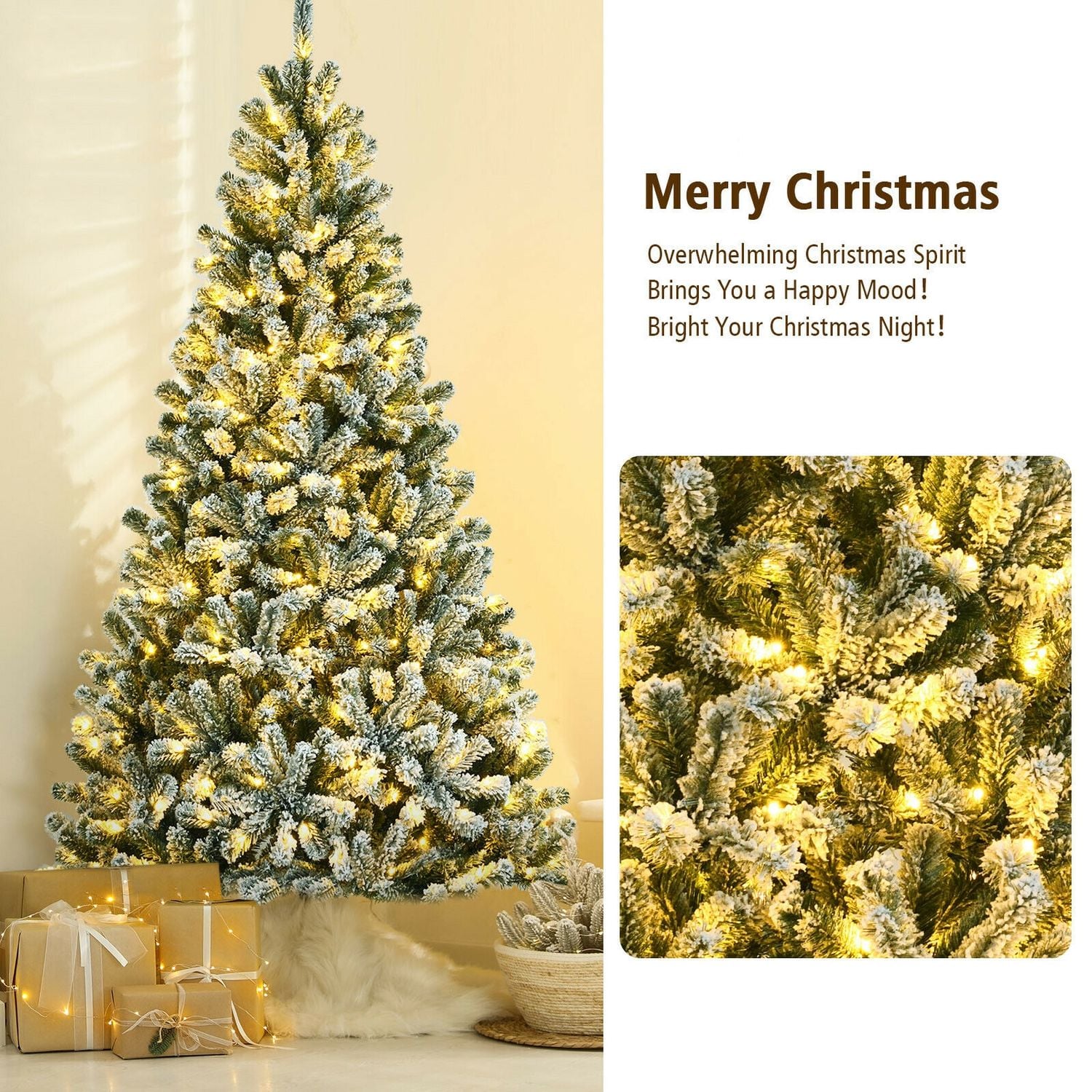 7 ft Pre-Lit Snow Flocked Hinged Christmas Tree, Green Christmas Tree at Gallery Canada