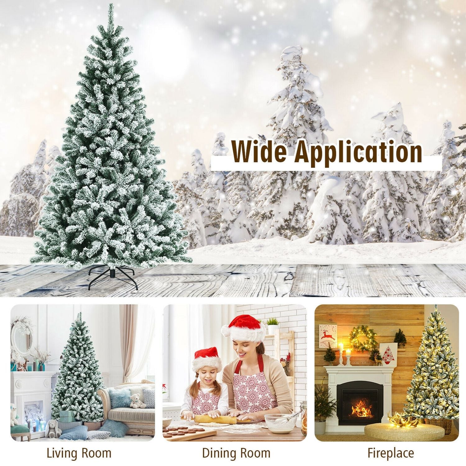 7 ft Pre-Lit Snow Flocked Hinged Christmas Tree, Green Christmas Tree at Gallery Canada