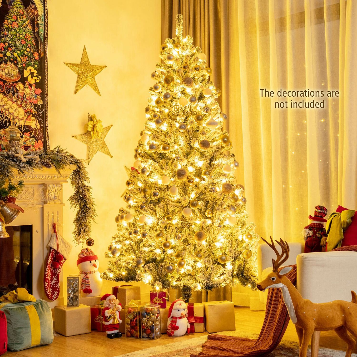 7 ft Pre-Lit Snow Flocked Hinged Christmas Tree, Green Christmas Tree at Gallery Canada