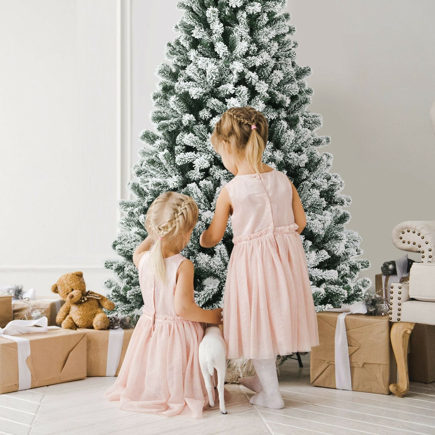 7 ft Pre-Lit Snow Flocked Hinged Christmas Tree, Green Christmas Tree at Gallery Canada