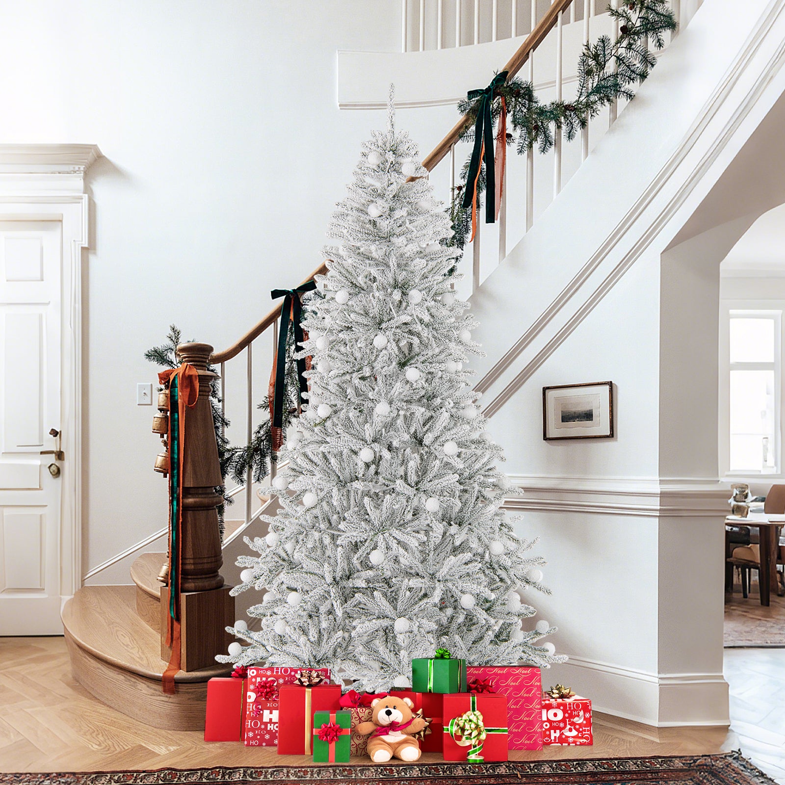 7 Feet Snow-flocked Artificial Christmas Tree Pre-lit Hinged with 81 Sphere Lights and Remote, Green Christmas Tree at Gallery Canada