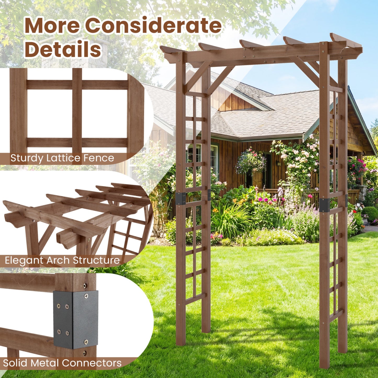 7 Ft Wooden Garden Arch Arbor, Outdoor Trellis For Climbing Plants, Rustic Brown Outdoor Decor at Gallery Canada
