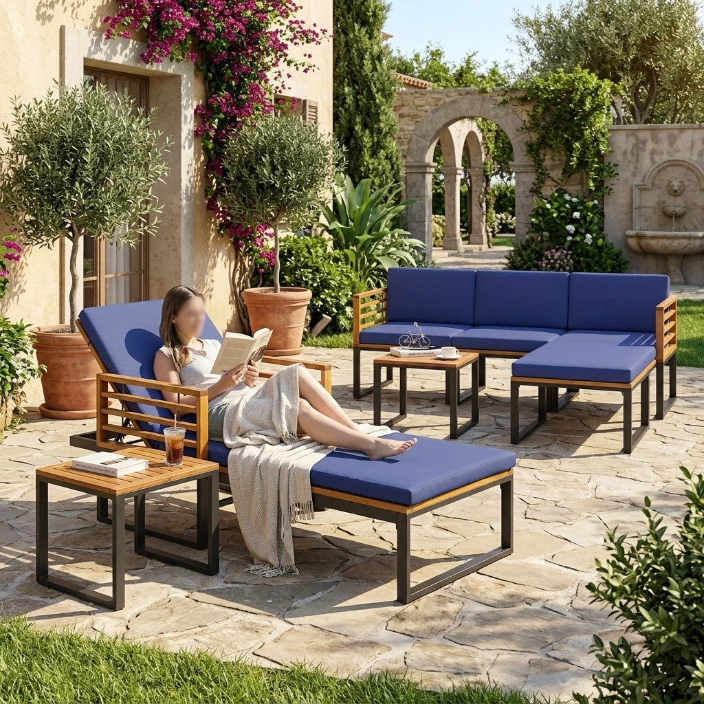 7-Piece Acacia Wood Patio Furniture Set with Adjustable Chaise Lounge Chair and Conversation Sofa Set, Navy Patio Furniture Sets at Gallery Canada