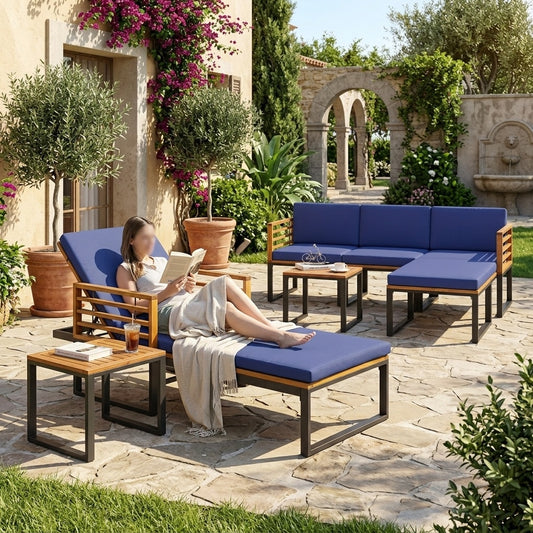 7-Piece Acacia Wood Patio Furniture Set with Adjustable Chaise Lounge Chair and Conversation Sofa Set, Navy Patio Furniture Sets Navy at Gallery Canada