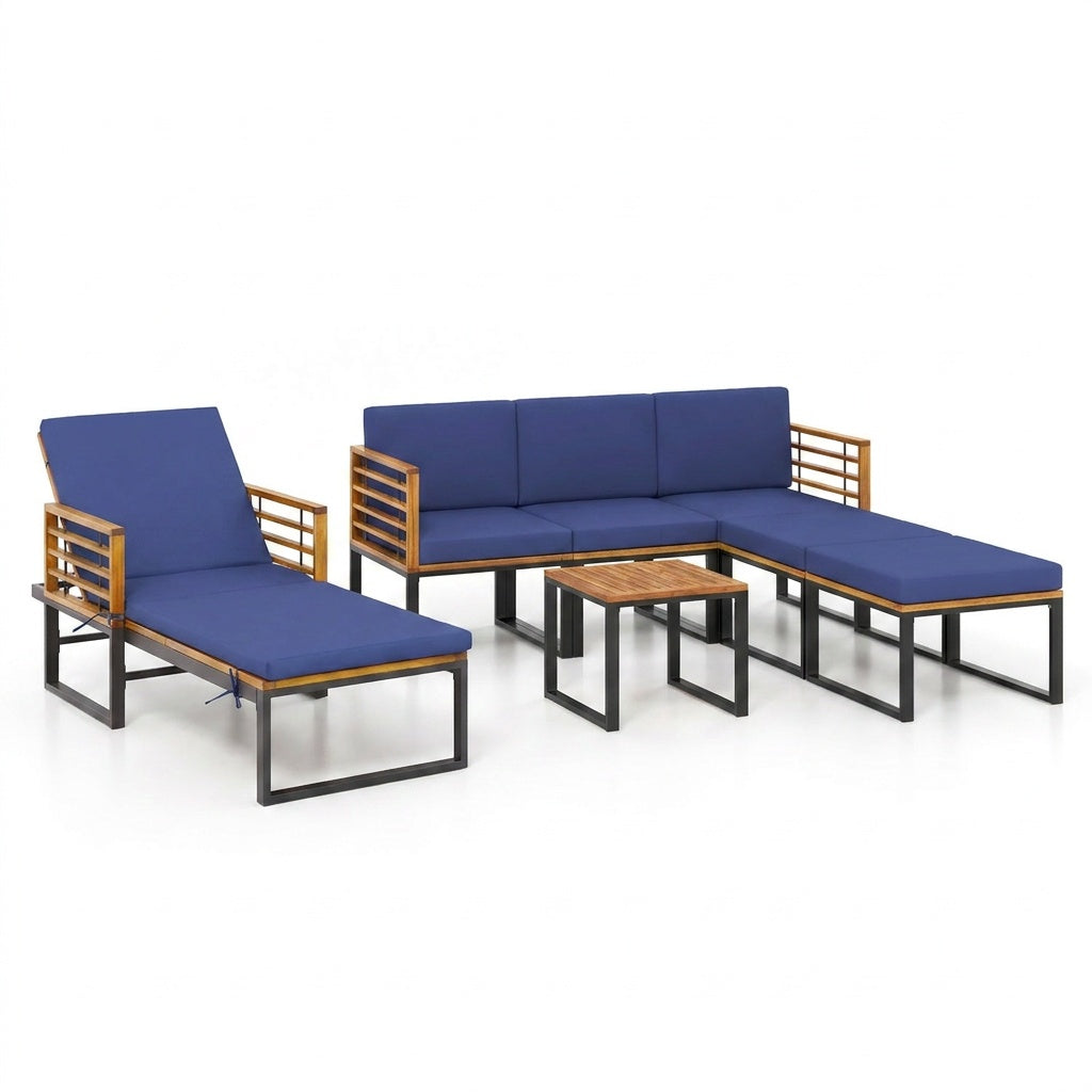 7-Piece Acacia Wood Patio Furniture Set with Adjustable Chaise Lounge Chair and Conversation Sofa Set, Navy Patio Furniture Sets Navy at Gallery Canada