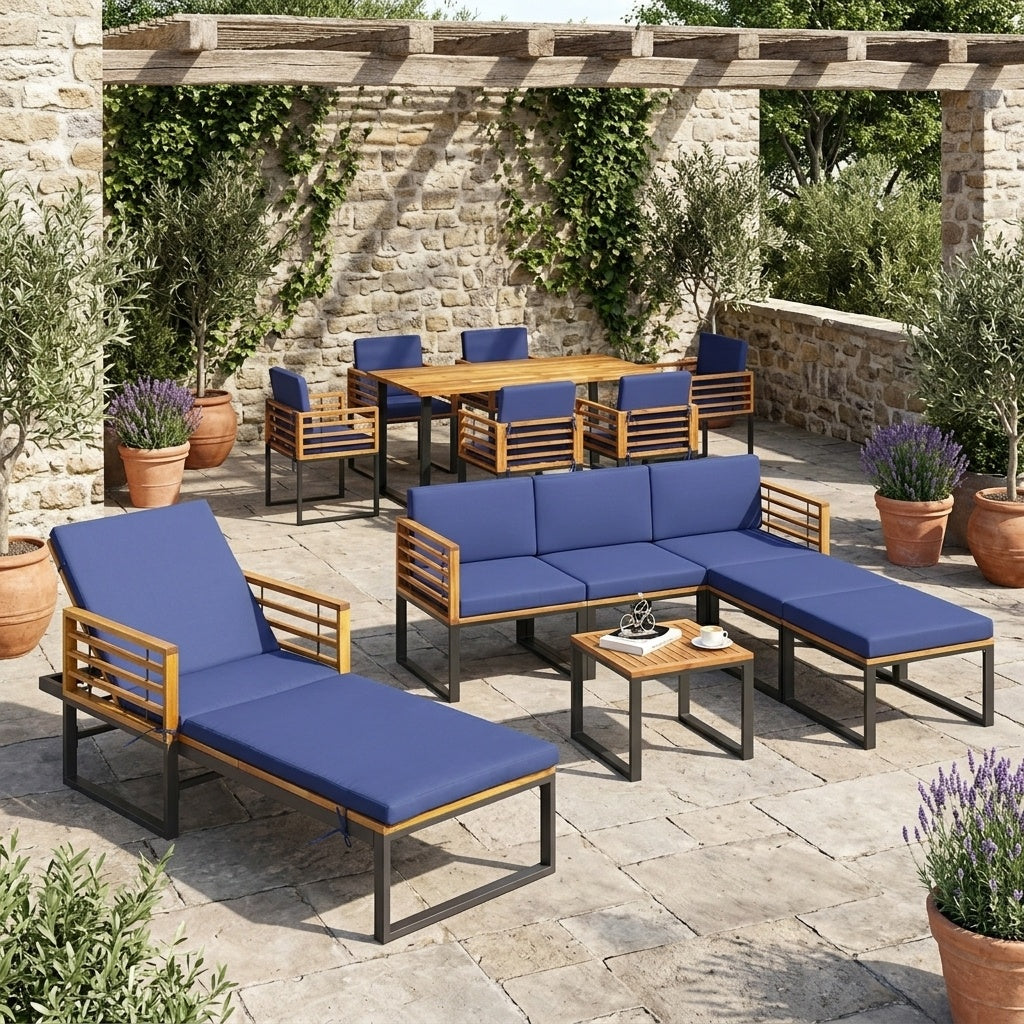 7-Piece Acacia Wood Patio Furniture Set with Adjustable Chaise Lounge Chair and Conversation Sofa Set, Navy Patio Furniture Sets at Gallery Canada