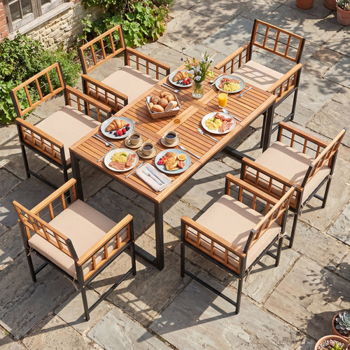 7-Piece Outdoor Dining Set, Table, Chairs, Umbrella Hole, Acacia Wood