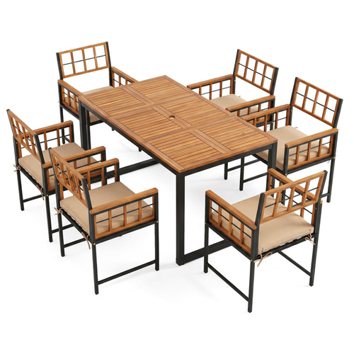 7-Piece Outdoor Dining Set, Table, Chairs, Umbrella Hole, Acacia Wood