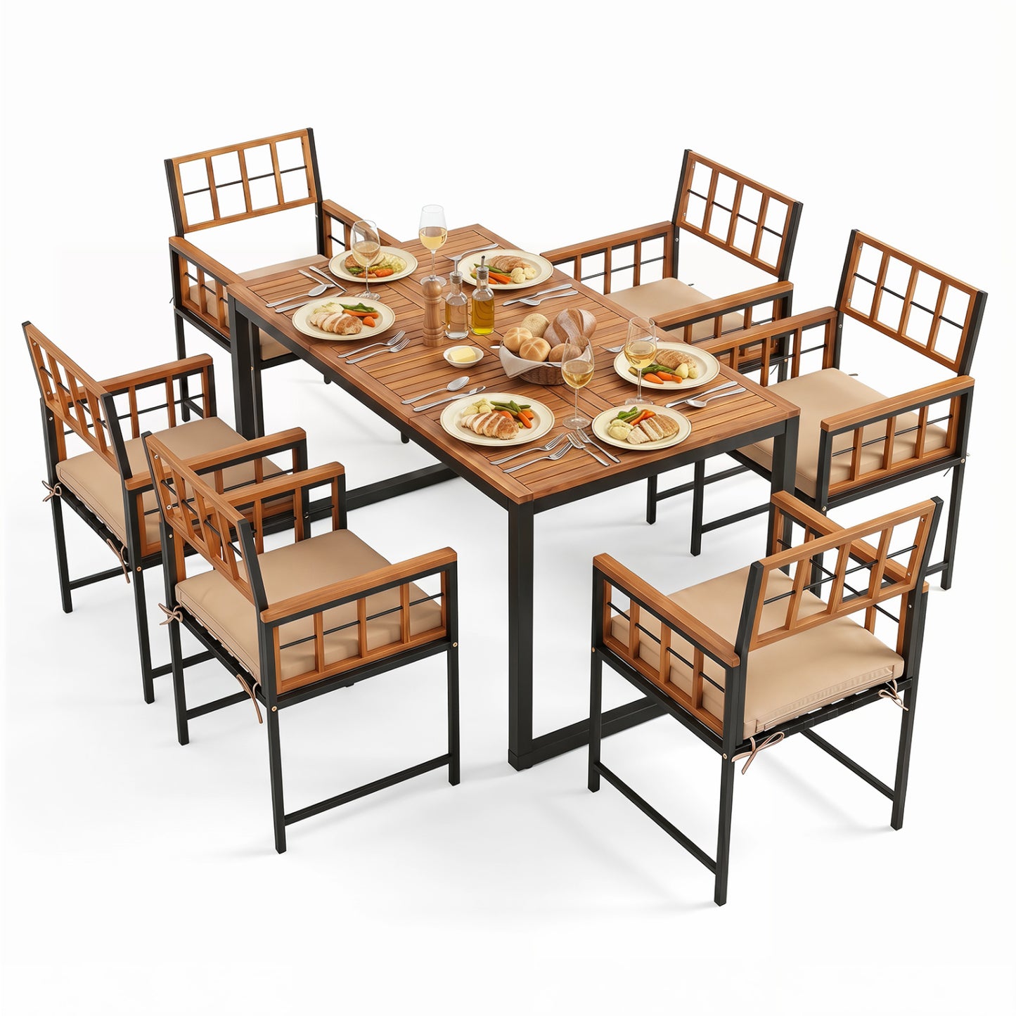 Ensemble de salle à manger extérieur de 7 pièces, table, chaises, trou pour parapluie, bois d'acacia