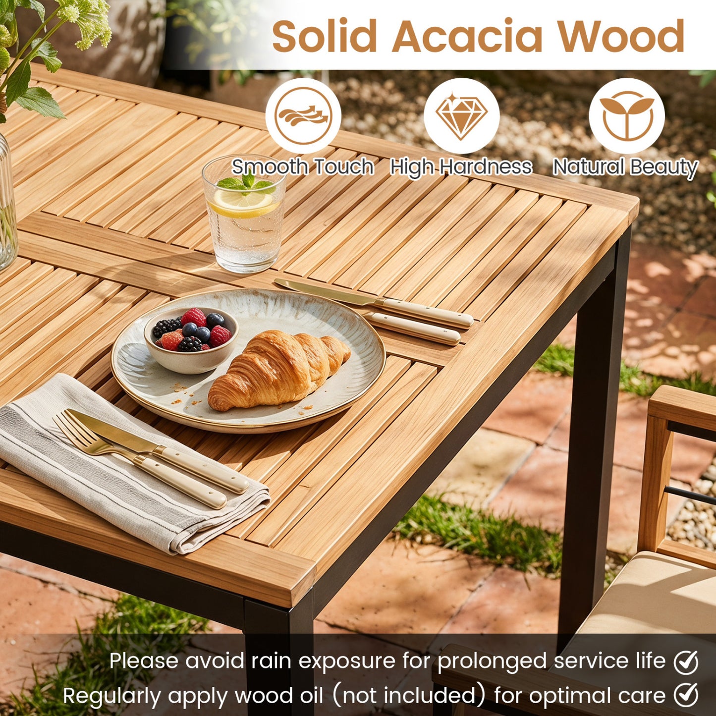Ensemble de salle à manger extérieur de 7 pièces, table, chaises, trou pour parapluie, bois d'acacia