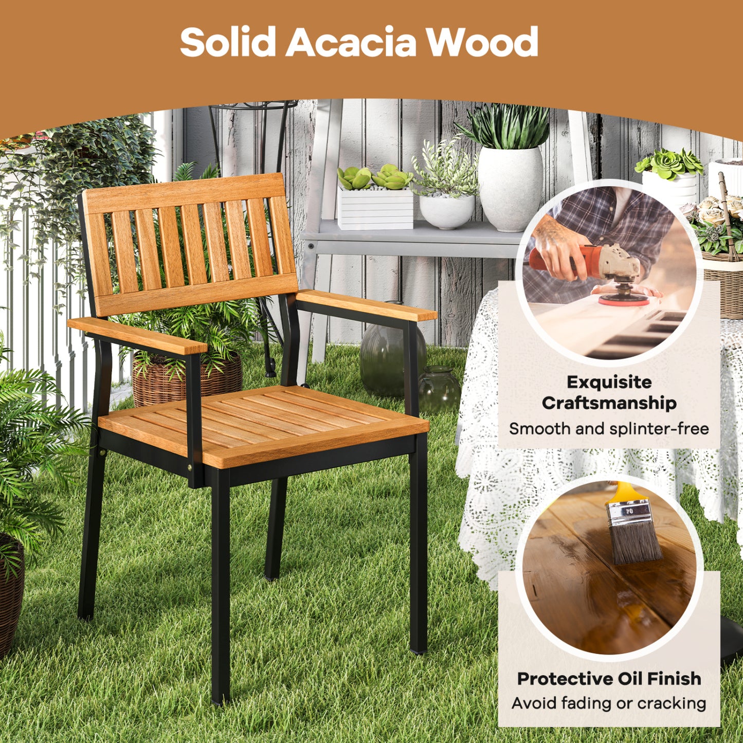 Ensemble de salle à manger extérieur de 7 pièces, fauteuils, table en acacia