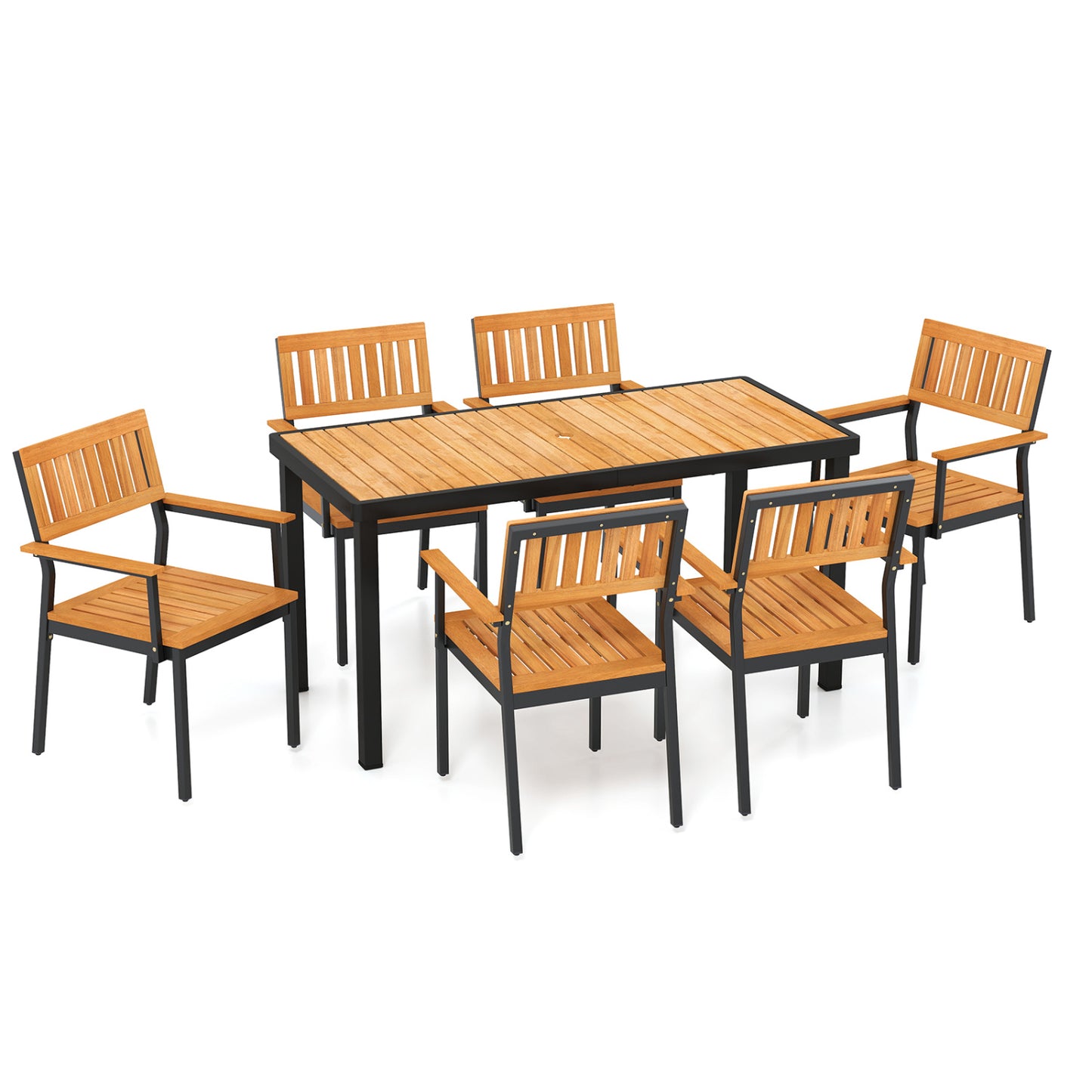 Ensemble de salle à manger extérieur de 7 pièces, fauteuils, table en acacia