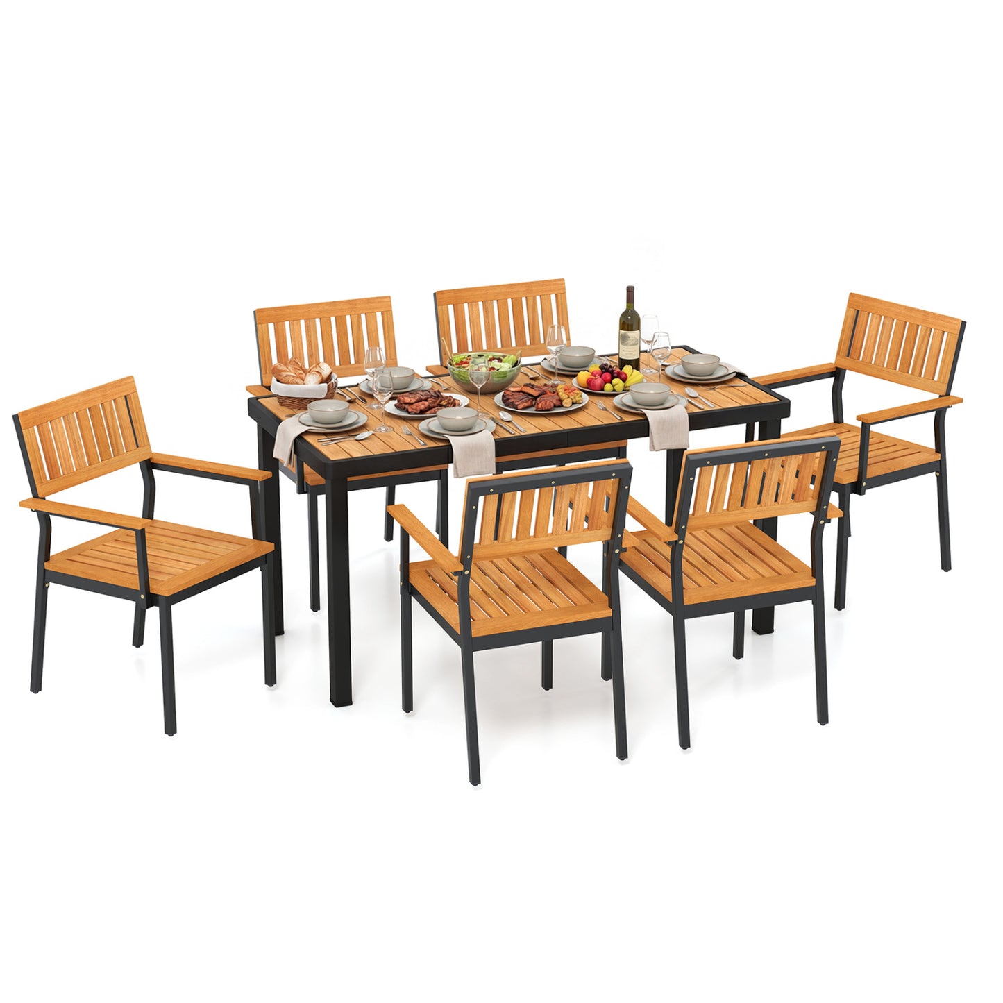 Ensemble de salle à manger extérieur de 7 pièces, fauteuils, table en acacia