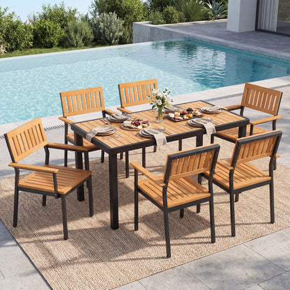 Ensemble de salle à manger extérieur de 7 pièces, fauteuils, table en acacia