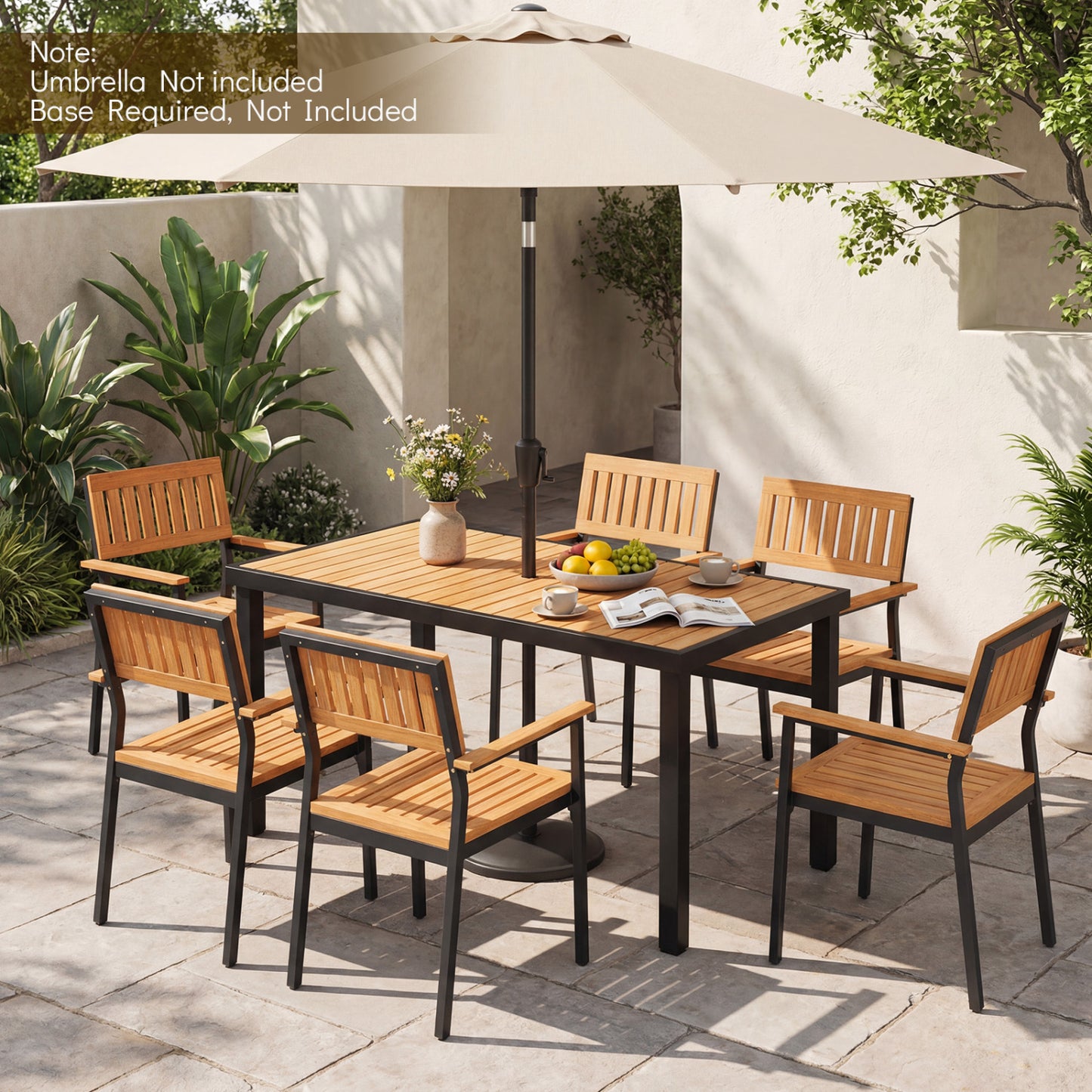 Ensemble de salle à manger extérieur de 7 pièces, fauteuils, table en acacia