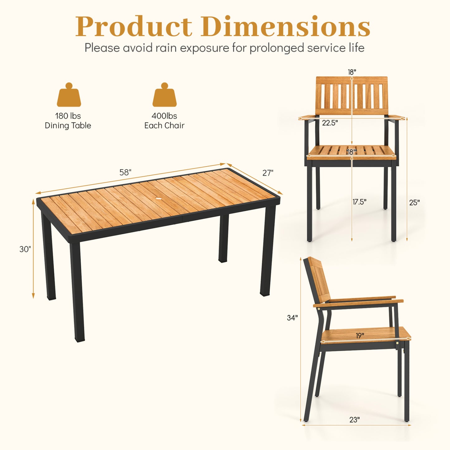Ensemble de salle à manger extérieur de 7 pièces, fauteuils, table en acacia