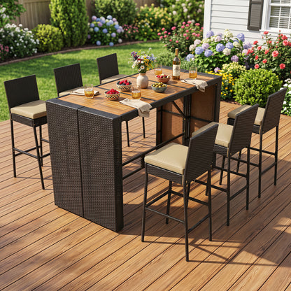 7-Piece Outdoor Wicker Bar Set With Cushioned Stools, Brown
