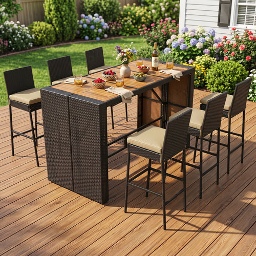 7-Piece Outdoor Wicker Bar Set With Cushioned Stools, Brown