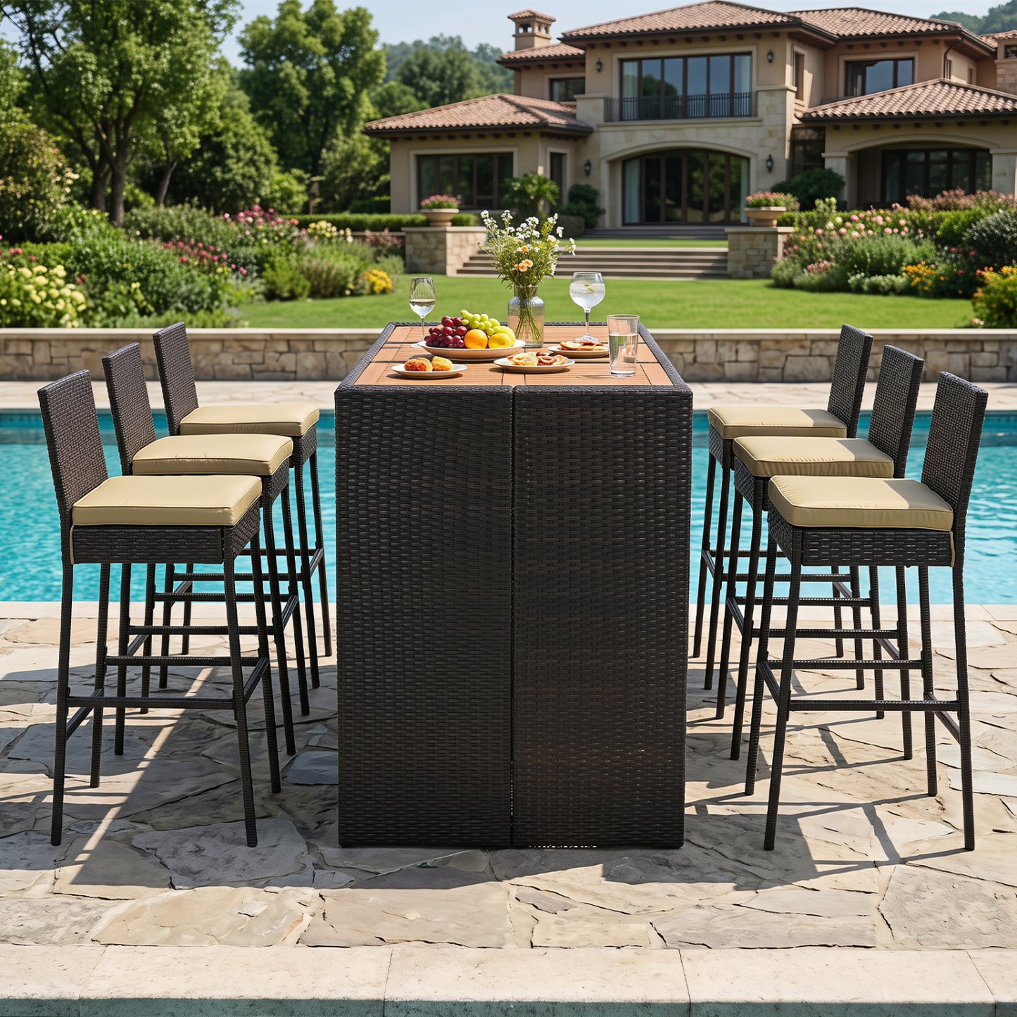 7-Piece Outdoor Wicker Bar Set With Cushioned Stools, Brown