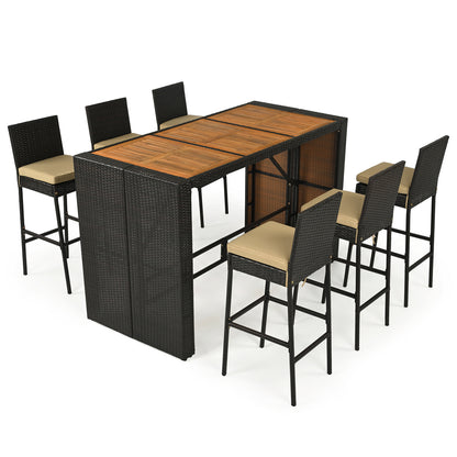7-Piece Outdoor Wicker Bar Set With Cushioned Stools, Brown