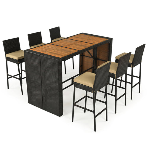 7-Piece Outdoor Wicker Bar Set With Cushioned Stools, Brown