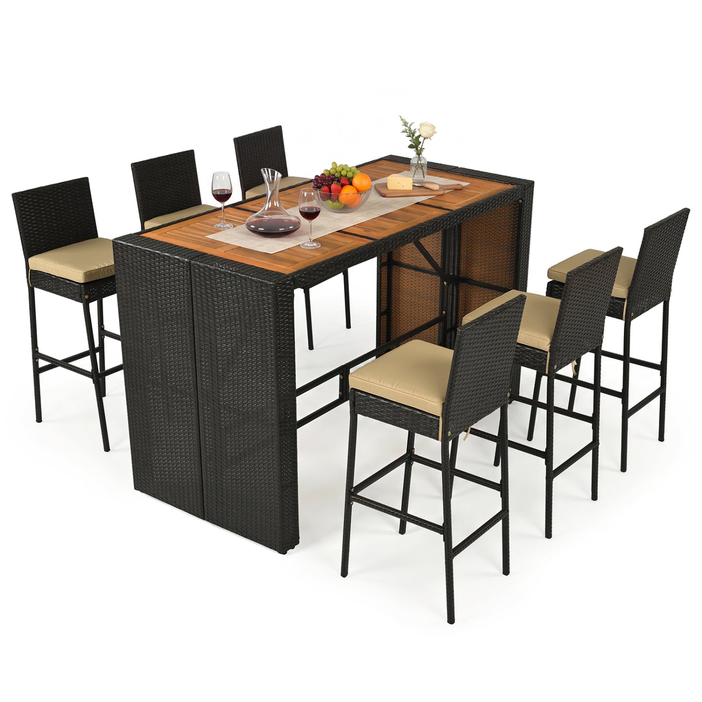 7-Piece Outdoor Wicker Bar Set With Cushioned Stools, Brown