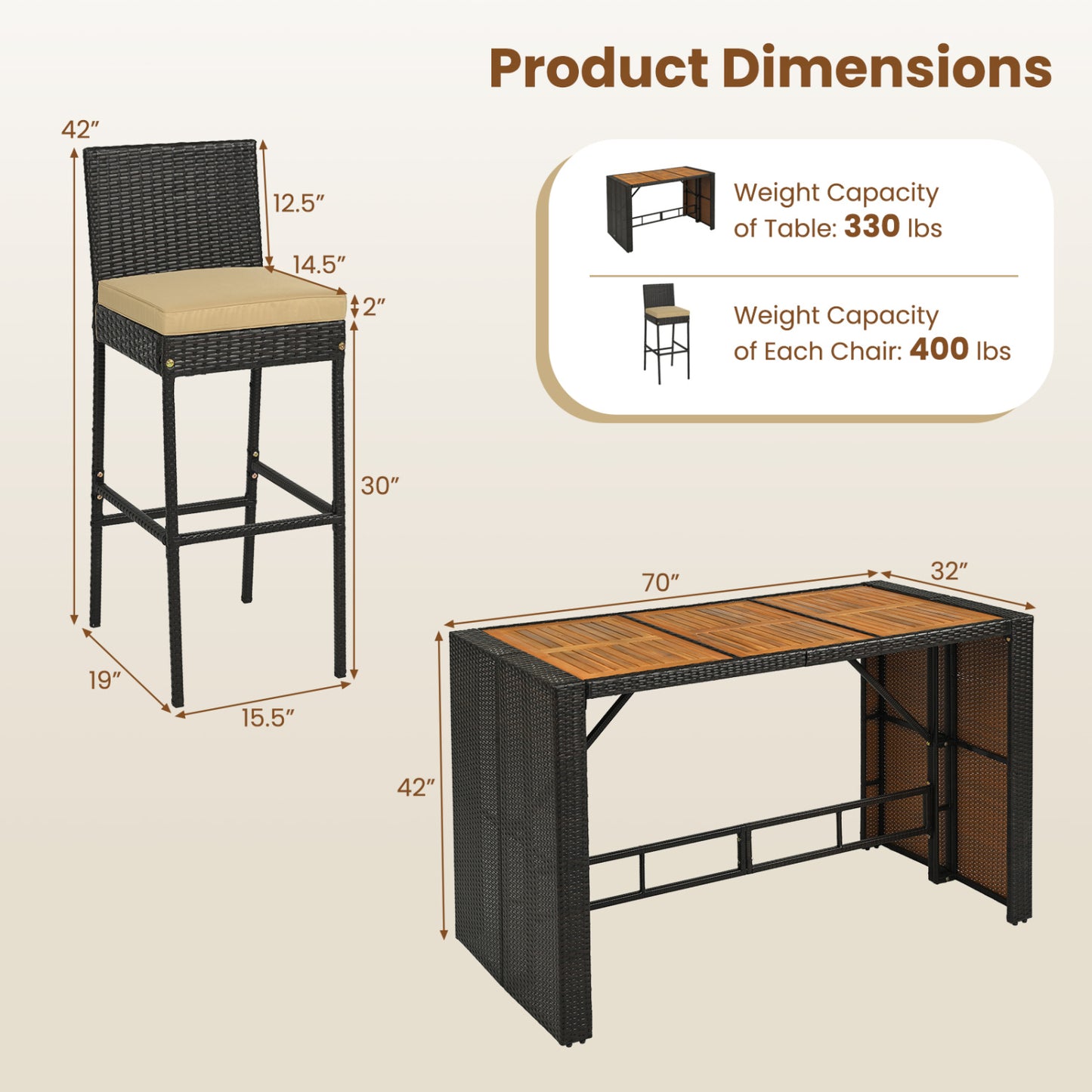 7-Piece Outdoor Wicker Bar Set With Cushioned Stools, Brown