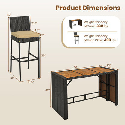 7-Piece Outdoor Wicker Bar Set With Cushioned Stools, Brown