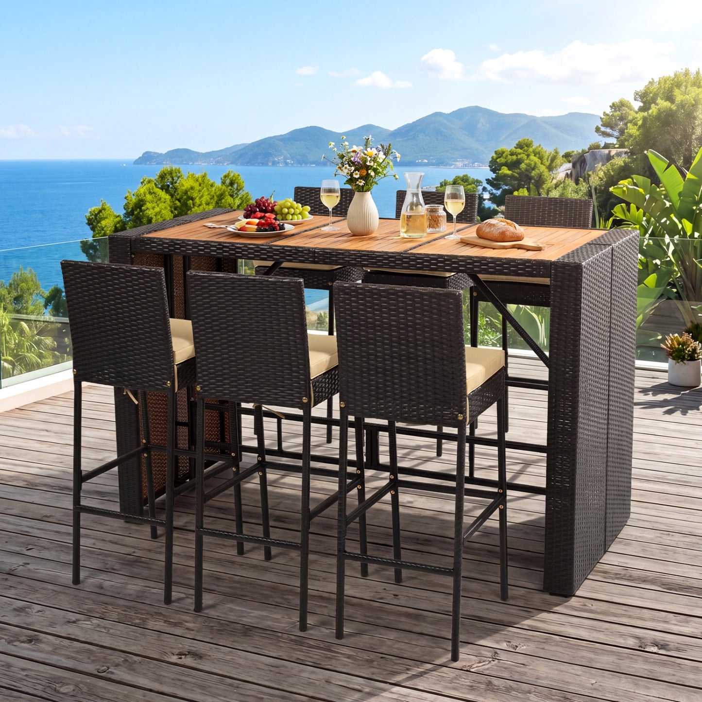 7-Piece Outdoor Wicker Bar Set With Cushioned Stools, Brown