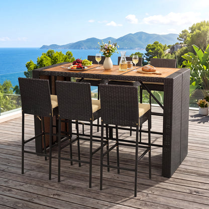 7-Piece Outdoor Wicker Bar Set With Cushioned Stools, Brown