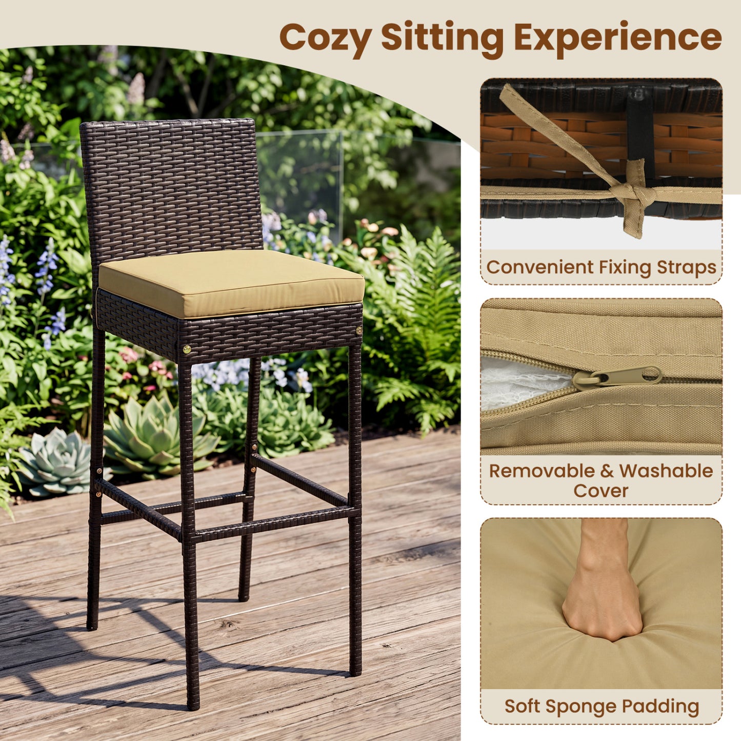 7-Piece Outdoor Wicker Bar Set With Cushioned Stools, Brown