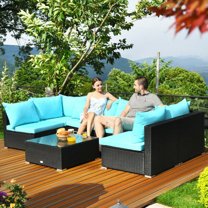7-Piece Outdoor Wicker Sectional Sofa Set, Tempered Glass Top, Blue Outdoor Sectionals at Gallery Canada