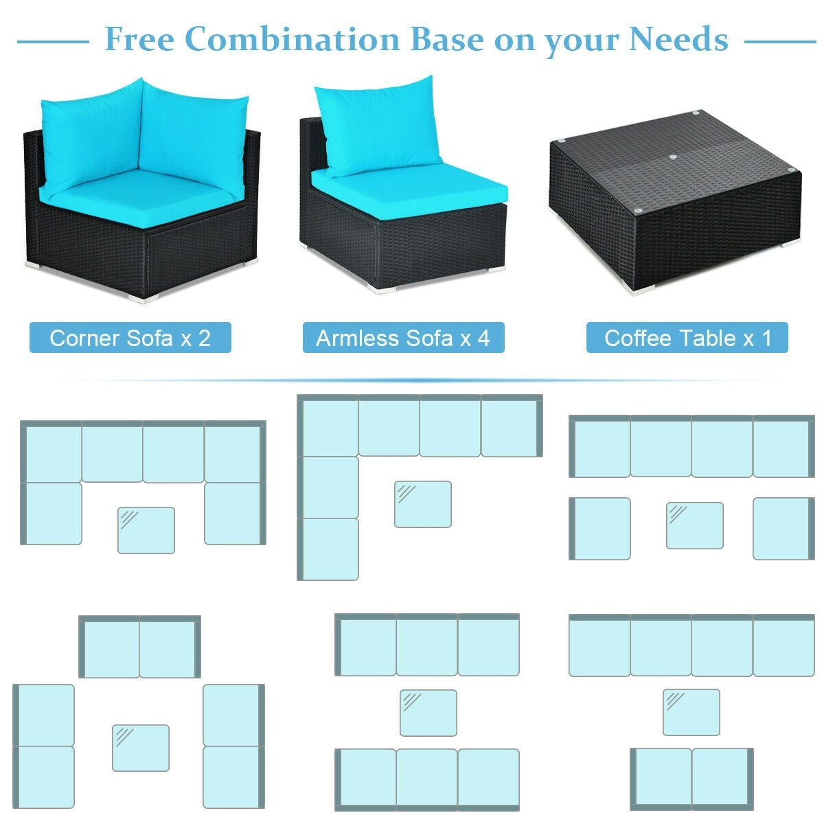 7-Piece Outdoor Wicker Sectional Sofa Set, Tempered Glass Top, Blue Outdoor Sectionals at Gallery Canada