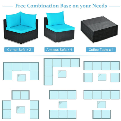 7-Piece Outdoor Wicker Sectional Sofa Set, Tempered Glass Top, Blue Outdoor Sectionals at Gallery Canada