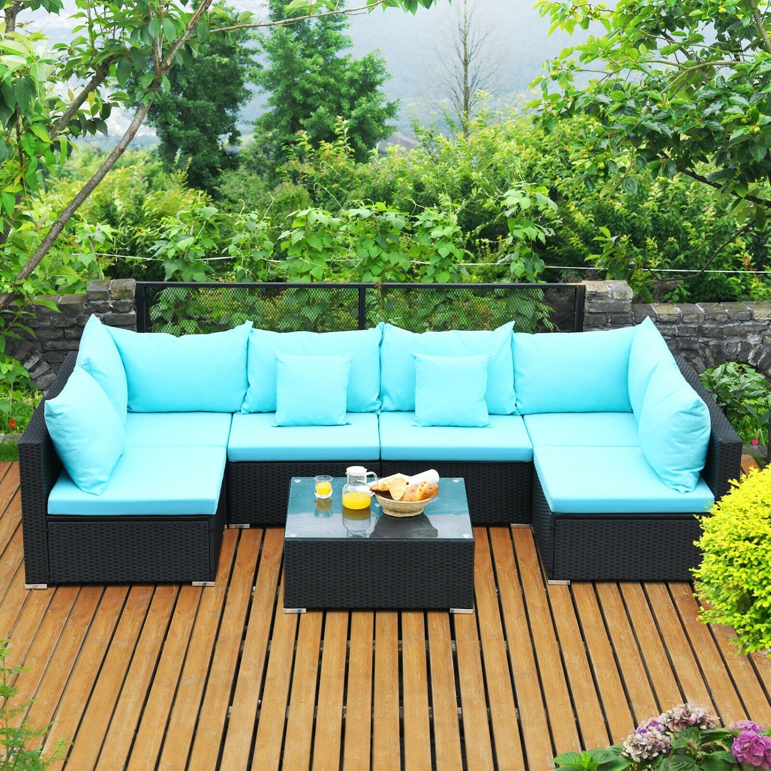 7-Piece Outdoor Wicker Sectional Sofa Set, Tempered Glass Top, Blue Outdoor Sectionals at Gallery Canada