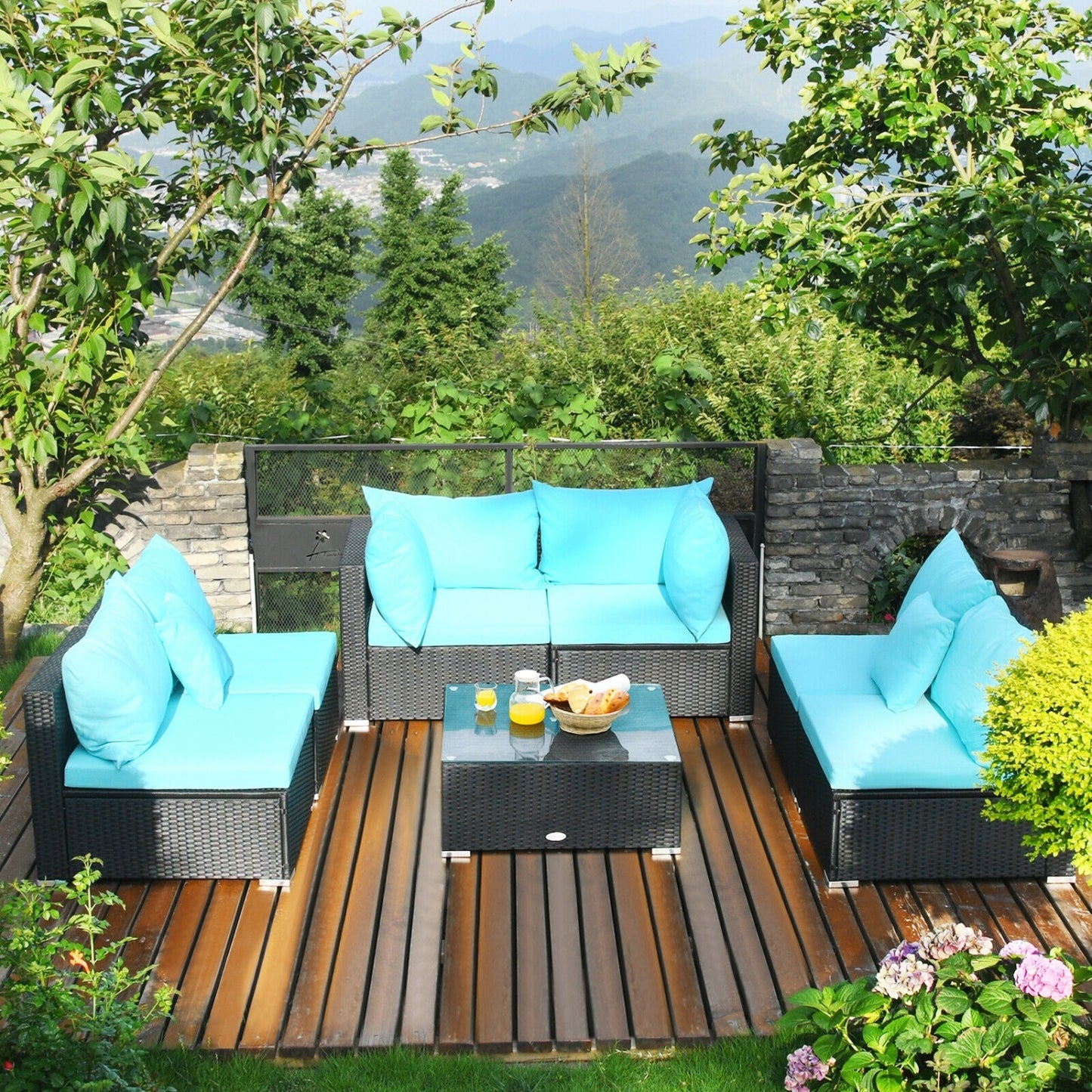 7-Piece Outdoor Wicker Sectional Sofa Set, Tempered Glass Top, Blue Outdoor Sectionals at Gallery Canada