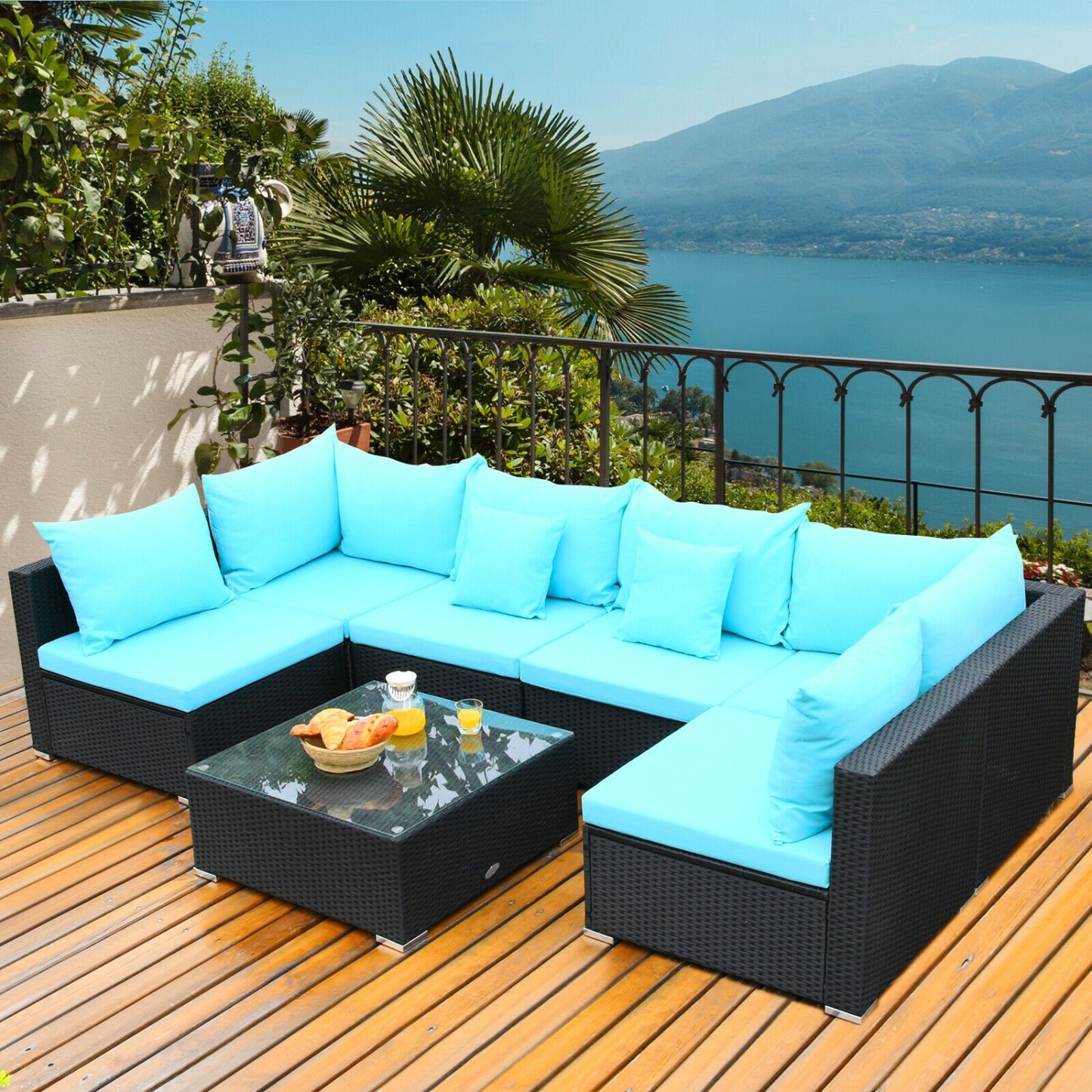 7-Piece Outdoor Wicker Sectional Sofa Set, Tempered Glass Top, Blue Outdoor Sectionals at Gallery Canada
