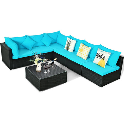 7-Piece Outdoor Wicker Sectional Sofa Set, Tempered Glass Top, Blue Outdoor Sectionals at Gallery Canada