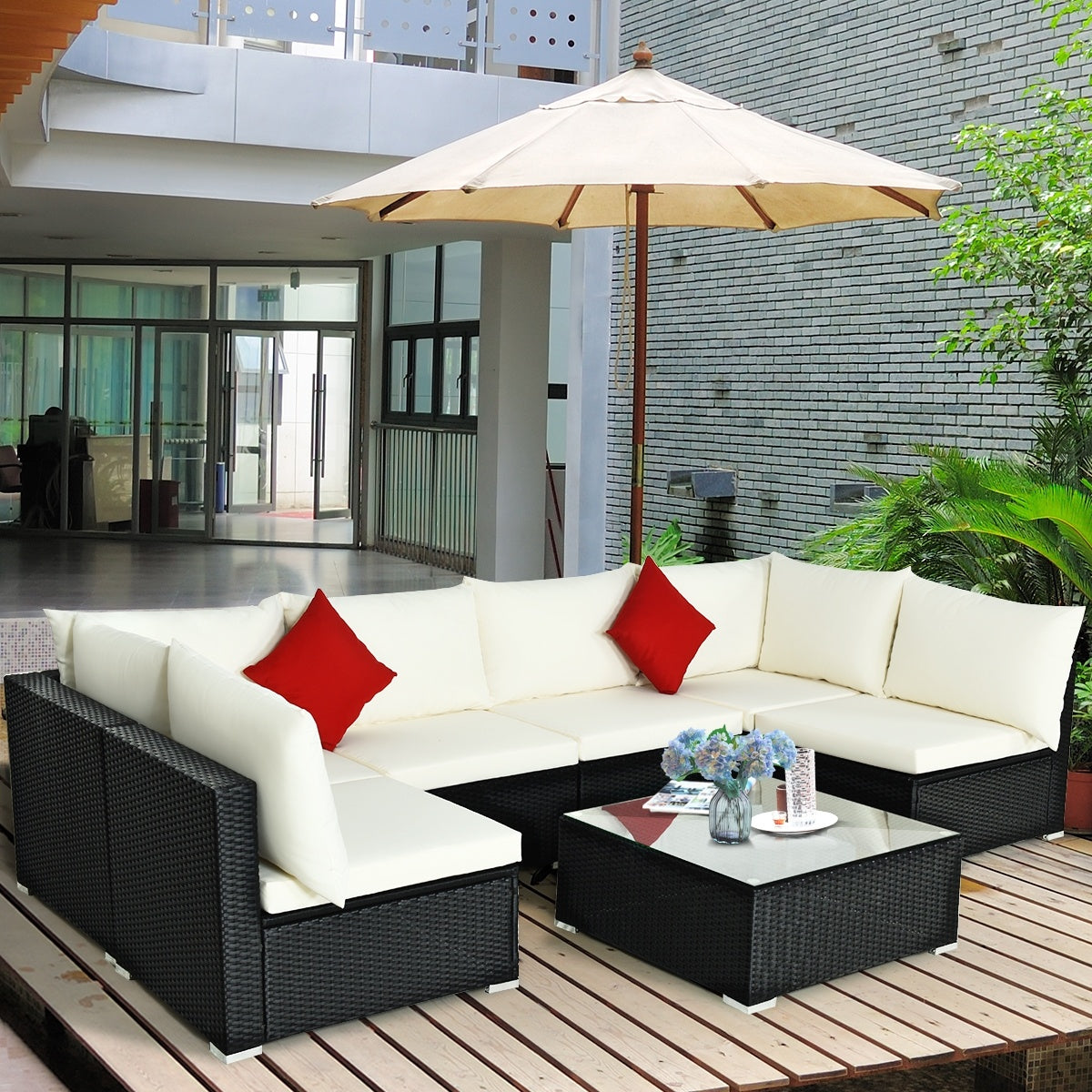 7-Piece Outdoor Sectional Wicker Patio Sofa Set, Beige Outdoor Sectionals at Gallery Canada