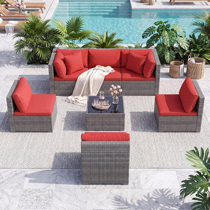 Ensemble de patio en rotin de PE de 7 pièces, table en verre, coussins, rouge