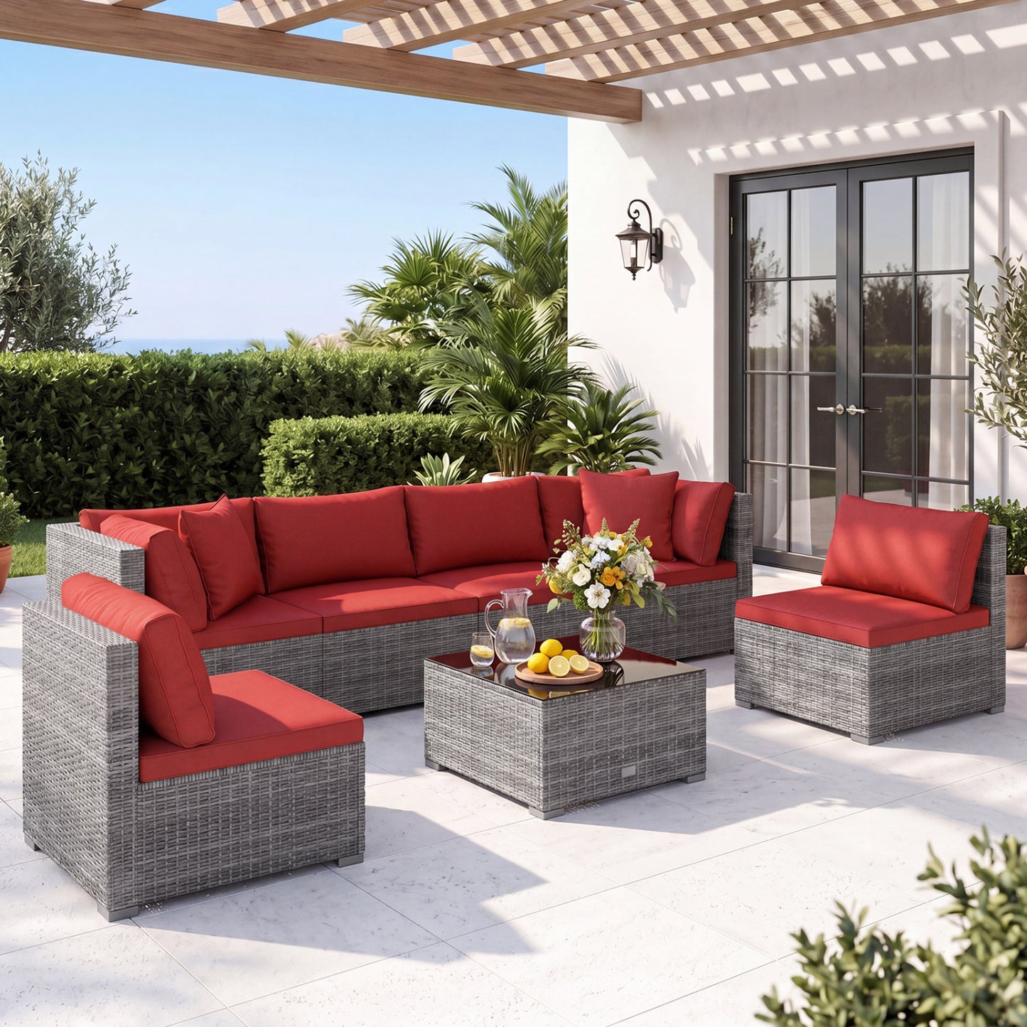 Ensemble de patio en rotin de PE de 7 pièces, table en verre, coussins, rouge